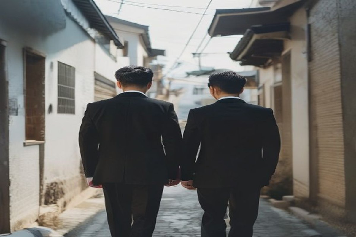 이른 아침 골목을 걸어 들어가는 검은 정장 두 명의 뒷모습