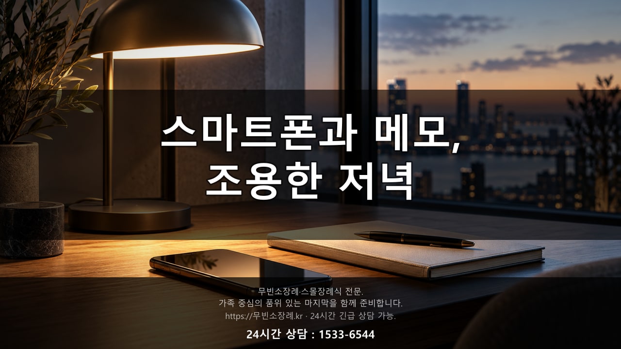 저녁 무렵 스탠드 조명 아래 놓인 스마트폰과 메모