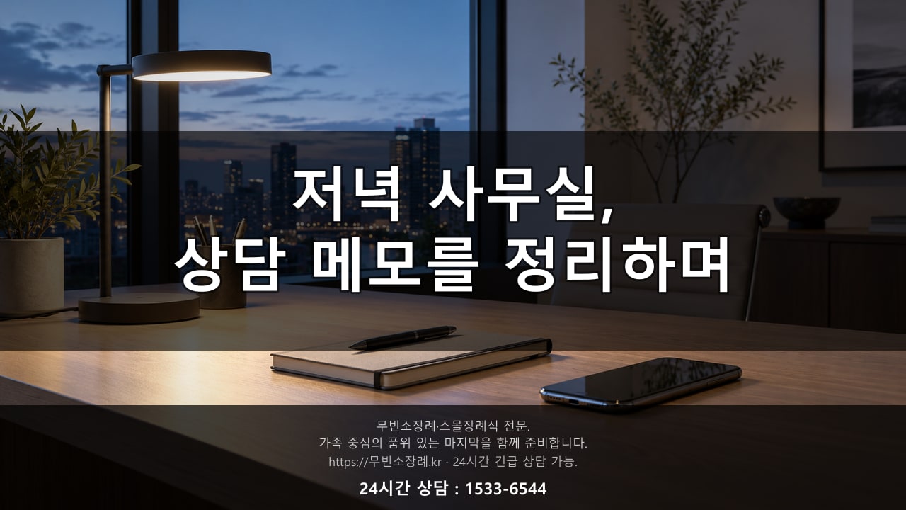 저녁 사무실 책상에서 상담 메모를 정리하는 조용한 풍경