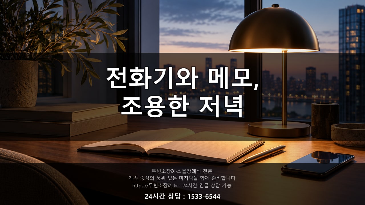저녁 무렵 스탠드 조명 아래 놓인 전화기와 메모