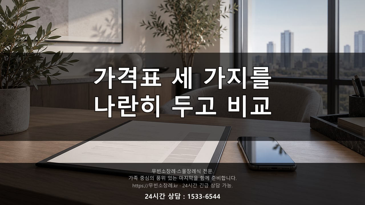 가격표 세 가지를 나란히 두고 비교하는 상담 데스크