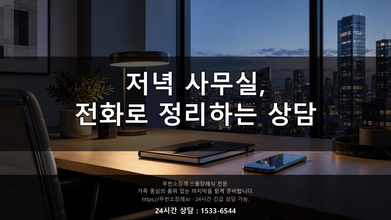 저녁 사무실 책상에서 전화로 상담 내용을 정리하는 조용한 풍경